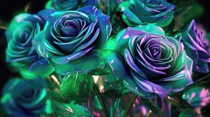Fototapeta na wymiar Green And Purple Rose Flowers Glitter Super Detail. Generative AI
