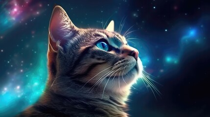American Shorthair Cat Nebulae And Galaxies Float In Space In The Clouds Of Gas. Generative AI