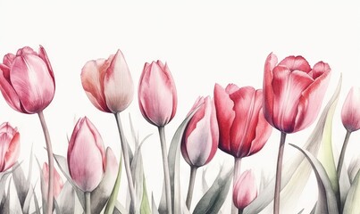  a painting of pink tulips in a field of grass.  generative ai