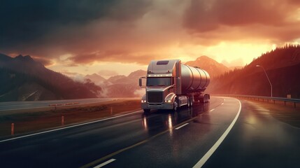 Fototapeta na wymiar A White Tanker Truck On A Highway Transporting Liquid Cargo. Generative AI
