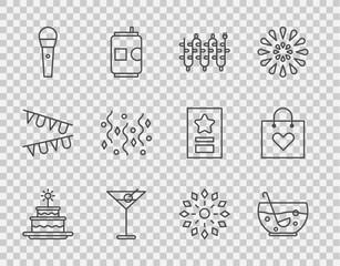 Set line Cake with burning candles, Mixed punch bowl, Christmas lights, Martini glass, Karaoke microphone, Festive confetti, Firework and Shopping bag heart icon. Vector