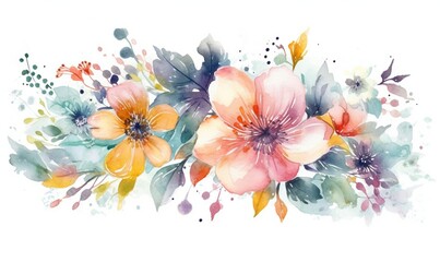  a watercolor painting of flowers on a white background with green leaves.  generative ai