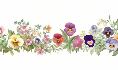  a bunch of flowers that are on a white background with green leaves.  generative ai