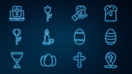 Set line Map pointer with christian cross, Easter egg, Human hand and easter cake, Burning candle candlestick, Flower tulip, Cross on the laptop screen, and icon. Vector