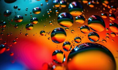 a bunch of water droplets on a colorful surface with a rainbow background.  generative ai