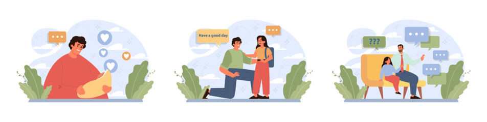 Fatherhood set. Dad and child spending time together. Childhood