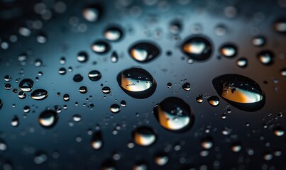  a close up of water droplets on a black surface with a blue sky in the background.  generative ai