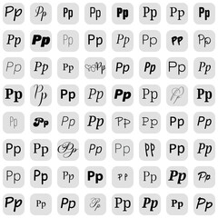 Letter P in different fonts on white background. Type design collection on grey buttons. Vector illustration.