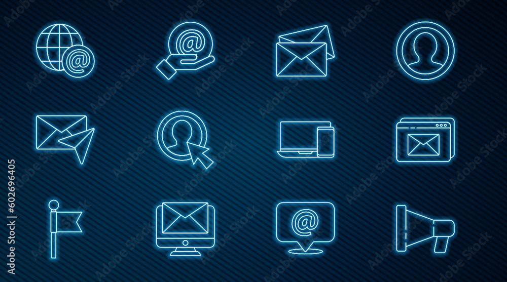Aufkleber set line megaphone, website and envelope, envelope, create account screen, earth globe with mail, mo