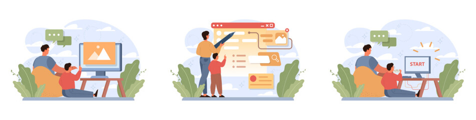 Fatherhood set. Dad and child spending time together. Childhood