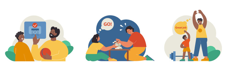 Fatherhood set. Dad and child spending time together. Childhood