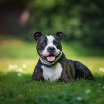 On a green lawn, a black and white American Staffordshire Terrier happily takes a seat, with the background showcasing a blurred green garden. AI generative image.