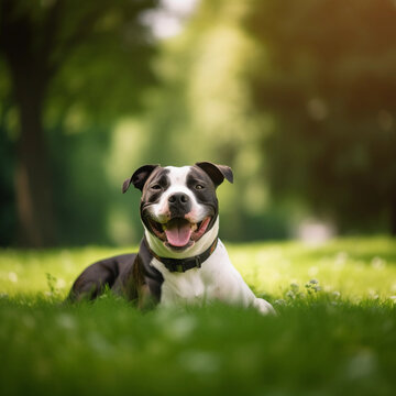 A lovely black and white American Staffordshire Terrier sits on a green lawn.  background is blurred green garden. AI generative image.