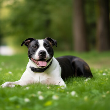 A happy black and white American Staffordshire Terrier sits on a green lawn.  background is blurred green garden. AI generative image