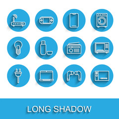 Set line Electric plug, Laptop, Router and wi-fi signal, Air headphones, Graphic tablet, USB flash drive, Microwave oven and Radio with antenna icon. Vector