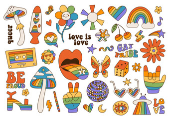 Big Set of Rainbow Multicolor LGBTQ elements in 70s Cute Retro Hand Drawn Style. Homosexuality Rights Pride Month Parade Decoration stickers Collection. Vintage linear vector illustration. - obrazy, fototapety, plakaty