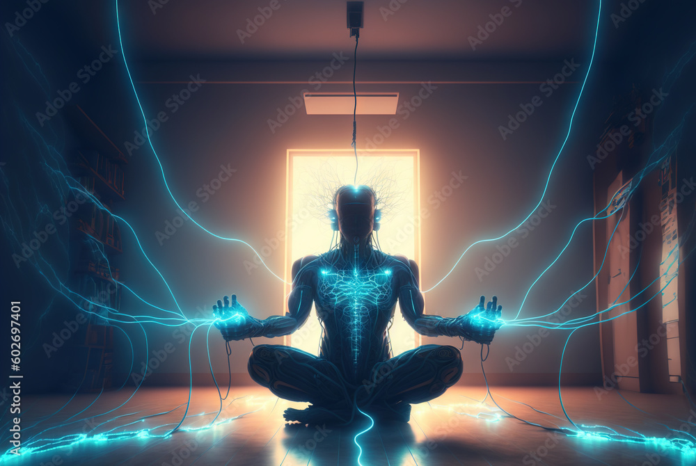Poster Digital era man meditating in neon wires, with consciousness connected to the world via technological structure. Generated AI. Generative AI
