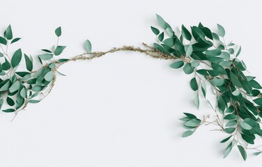 Minimal floral frame made of dry eucalyptus tree leaves and branches. Green rectangular wreath isolated on white table background. Natural composition, decor. Flat lay, top view. Generative ai