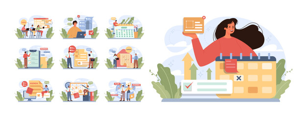 Schedule management set. Character planning or checking task