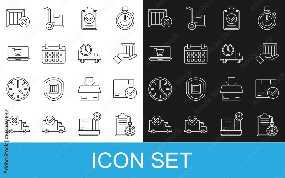 Poster set line verification of delivery list clipboard, package box with check mark, delivery hand boxes, 