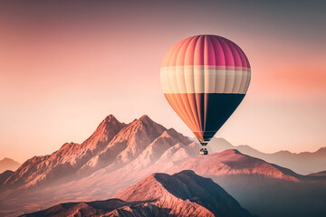 Pastel pink hot air balloon soaring over mountains. Generative AI