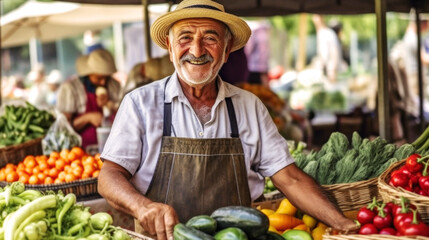 In Tuscany, a proud farmer in a straw hat shows his bountiful harvest at the local market, offering Italy's freshest  organic produce to eager customers. Generative AI