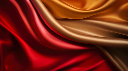 Naklejka na ściany i meble Close-up of wavy red and yellow satin silk fabric abstract background of elegant burgundy silk or satin with smooth folds. 3D rendering, abstract background, satin, silk, waves. Generated AI