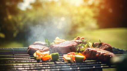 Steaks are grilled with vegetables on a grill outside on a sunny day. Summer barbecue party concept. Generative AI