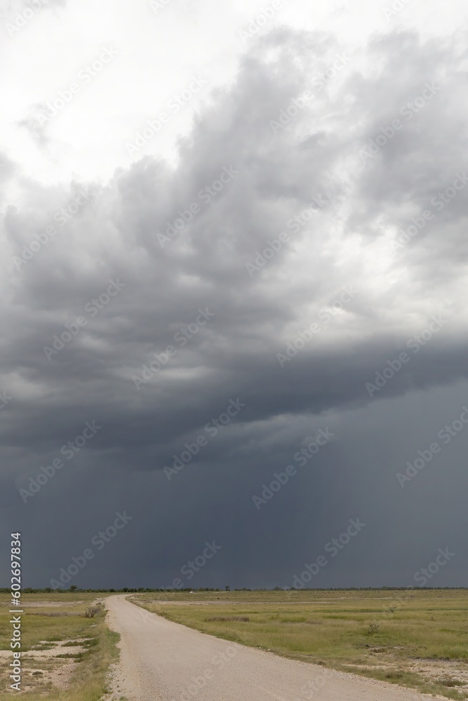 Wall mural scenic view of a gravel road directing to a thunderstorm