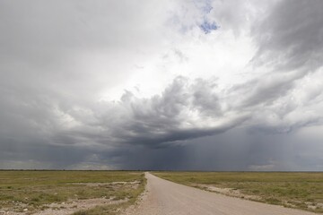 Fototapeta premium scenic view of a gravel road directing to a thunderstorm