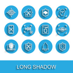 Set line Laptop with fingerprint, Shield face recognition, Eye scan, Motion sensor, User protection, Rejection voice, and Fingerprint lock icon. Vector