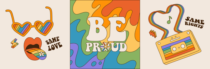 Set of groovy retro social media post for LGBTQ Pride Month. 80s 90s Y2K aesthetic square banners. Queer greeting cards with vintage cassette, rainbow hippie sunglasses. Vector.