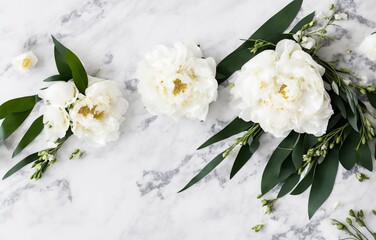 Wedding floral still life composition. Bouquet of white peony flowers, olive branches on marble table with silk cloth and ribbon. Vintage feminine photo, flat lay, top view, no people, generative ai - obrazy, fototapety, plakaty