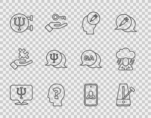 Set line Psychology, Psi, Metronome with pendulum, Addiction to the drug, Head question mark, Psychologist online and Depression icon. Vector