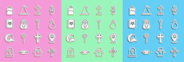 Set line Tombstone with cross, Pumpkin, Bomb ready explode, Funny and scary ghost mask, Ancient magic book, Burning candle and Magic wand icon. Vector