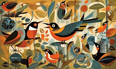  a group of birds sitting on top of a tree filled forest.  generative ai