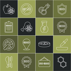 Set line Chemical formula, Pipette, Label eco healthy food, Genetically modified meat, Gmo research chicken, GMO, apple and Test tube and flask icon. Vector