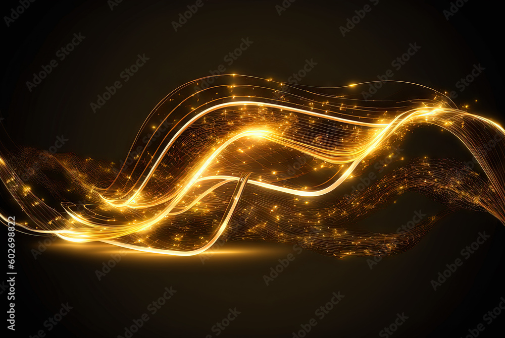Poster Technology abstract with shiny data wave flow. Science concept with glowing wires connected on futuristic background. Generated AI. Generative AI