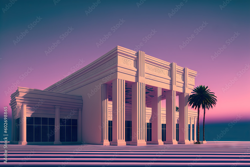 Poster vaporwave landscape with abstract building with pillars. 80s styled pink and blue minimalistic archi