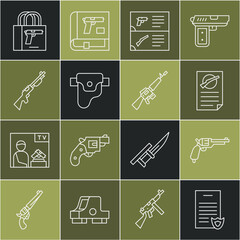 Set line Firearms license certificate, Revolver gun, Weapon catalog, Gun in holster, Hunting, Buying pistol and M16A1 rifle icon. Vector