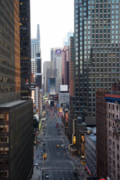 New York City street with skyscrapers.