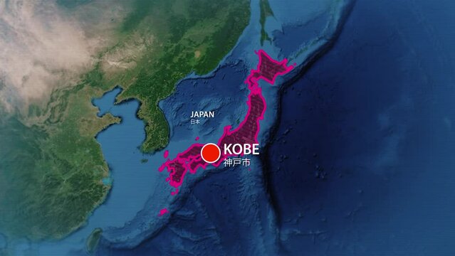 Designation of the borders of Japan on the map and the mark of the location of the city of Kobe