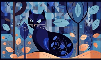  a black cat is sitting in the middle of a forest.  generative ai