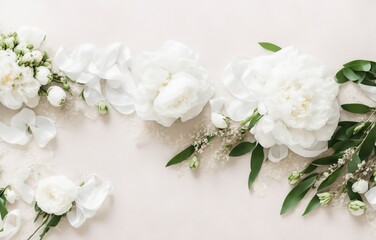 Wedding floral still life composition. Bouquet of white peony flowers, olive branches on marble table with silk cloth and ribbon. Vintage feminine photo, flat lay, top view, no people. Generative AI - obrazy, fototapety, plakaty
