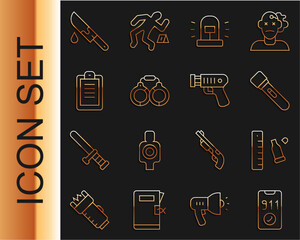 Set line Telephone call 911, Bullet casing with ruler, Flashlight, Flasher siren, Handcuffs, Police report, Bloody knife and electric shocker icon. Vector