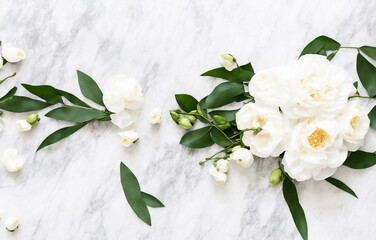 Wedding floral still life composition. Bouquet of white peony flowers, olive branches on marble table with silk cloth and ribbon. Vintage feminine photo, flat lay, top view, no people. Generative AI - obrazy, fototapety, plakaty