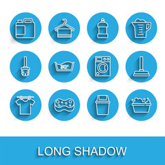 Set line Drying clothes, Sponge, Bottle for cleaning agent, Trash can, Basin with soap suds, Temperature wash, Rubber plunger and Washer icon. Vector
