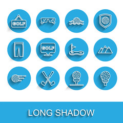 Set line Golf ball, Crossed golf club, label, on tee, Mountains and hole with flag icon. Vector