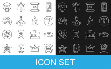 Set line Magic ball, Snake, Aries zodiac, Ancient magic scroll, Poison in bottle, stone, Skull and Burning candle icon. Vector