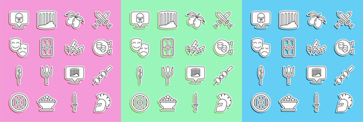 Set line Greek helmet, Olive and cheese on chopstick, Comedy tragedy masks, Olives branch, shield, and Zeus icon. Vector